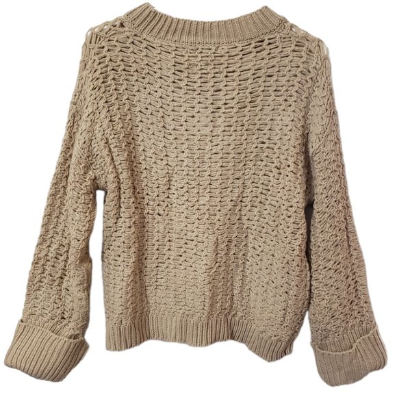 Purple Snow M Open Weave Knit Sweater Long Sleeve V Neck Beige - Picture 2 of 7